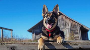 A german shepherd dog is sitting on a wooden fence photo