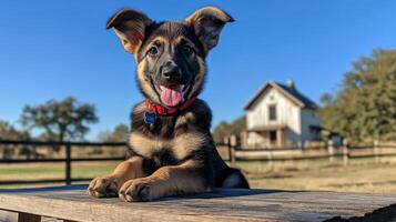 A german shepherd puppy sitting on a wooden bench photo