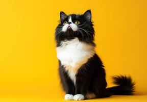 A tuxedo cat sits looking upward on yellow background photo