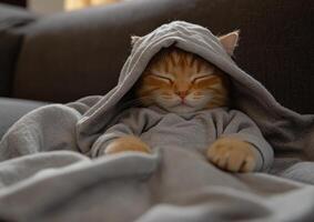 Orange Cat Sleeping Peacefully In Grey Hoodie photo