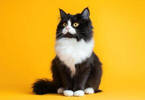 Fluffy tuxedo cat sits against yellow background photo