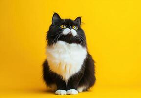 Fluffy Black and White Cat Sitting on Yellow Background photo