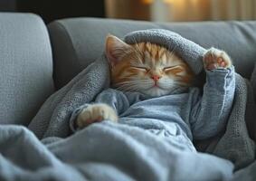 Orange Kitten Sleeping Comfortably Under A Gray Blanket photo