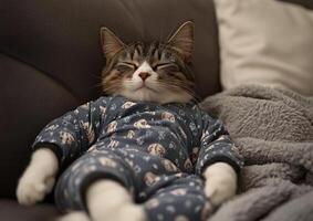 Tabby Cat Sleeping Peacefully In Pajamas photo