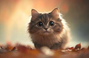 Adorable Fluffy Kitten Among Autumn Leaves photo