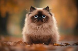 Fluffy Himalayan Kitten Posing Amongst Autumn Leaves photo