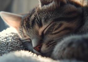 A Tabby Cat Sleeping Peacefully On Soft Fabric photo