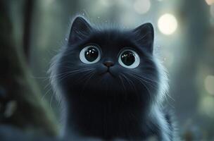 Adorable Black Kitten With Large Eyes Gazing Upwards photo