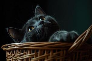 A Gray Cat Rests Inside A Wicker Basket photo