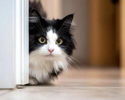Black and white cat peeking from behind a door photo