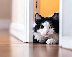 A curious tuxedo cat peeks from behind a door photo
