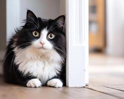 Fluffy Black And White Cat Hiding Behind Furniture photo