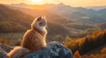 Fluffy Orange Cat Perched on Rock Mountain Sunset photo