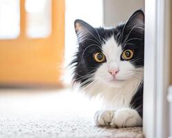 A tuxedo cat peeks from behind a door photo