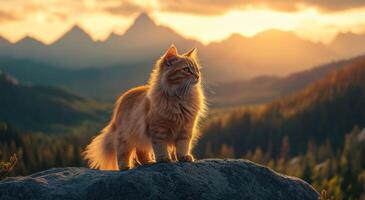 Golden Cat Majestically Stands on Mountain Rock at Sunset photo