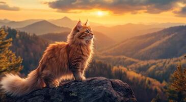 Longhaired ginger cat sits atop mountain sunset view photo