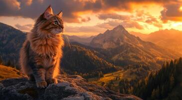 Majestic Longhaired Cat Gazing at Sunset Mountains photo