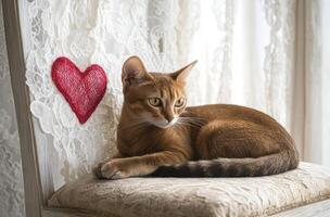 Ginger Cat Relaxing Near Red Heart On Chair photo