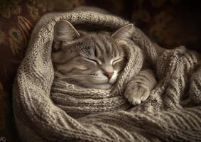 Gray Cat Sleeping Snugly Wrapped In A Warm Knit Blanket photo