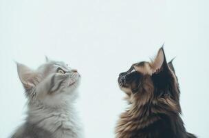 Two Fluffy Cats Gaze Upwards Side Profile photo