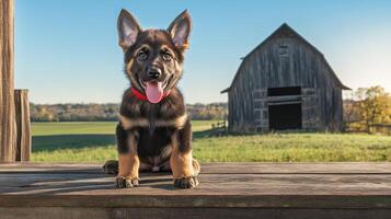 German Shepherd Puppy Sitting On Wooden Surface Rural Setting photo