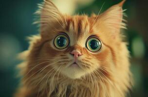 A ginger cat with wide surprised eyes stares ahead photo