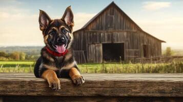 German Shepherd Puppy Posing on Rustic Wooden Fence photo