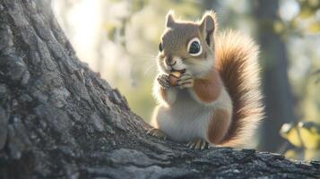 Adorable Red Squirrel Enjoying A Nut On Tree Trunk photo