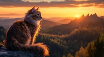 Longhaired Cat Silhouetted Against a Sunset Mountain View photo