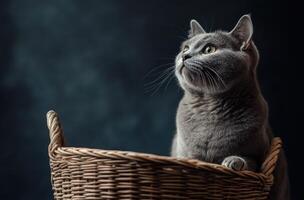 Gray Cat Sitting Inside Woven Basket Looking Up photo