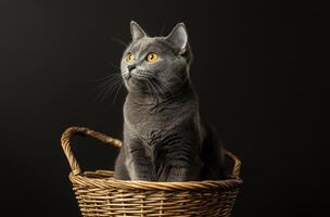 Grey Cat Sitting In A Wicker Basket Against Dark Background photo
