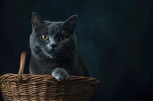 Gray Cat Sitting Inside A Wicker Basket photo
