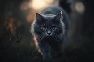 Grey Cat Walking Through Grass at Sunset photo