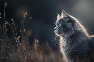 Gray Cat Profile In Golden Grassland photo