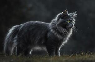 Majestic Grey Cat Stands In Grassy Field photo