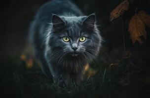 Grey Cat Stalking Through Dark Grass Outdoors photo