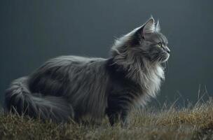 Gray Maine Cat Sitting in Grass photo