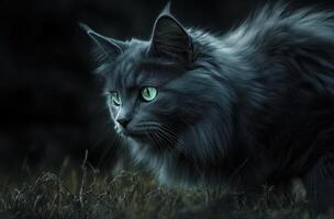 Grey Cat With Bright Green Eyes Stalking In Grass photo