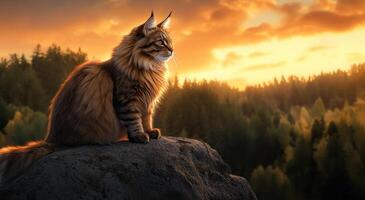 Maine Cat Majestically Perched on a Rock at Sunset photo