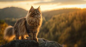 Longhaired Cat Majestically Perched on a Rock at Sunset photo
