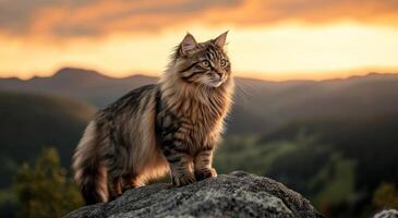 Longhaired Cat Standing on a Mountain at Sunset photo