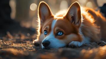 Adorable Corgi Puppy Resting Outdoors in Golden Light photo