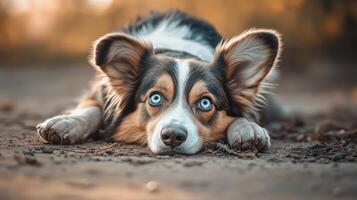 Adorable Blue Eyed Border Collie Dog Lying Down photo