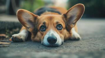 A Sad Corgi Dog Lies Down On The Ground photo