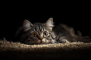 A curious tabby cat stares intently from behind a textured surface photo