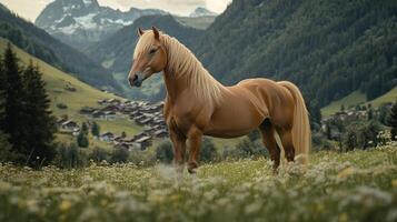 Golden Palomino Horse in Alpine Meadow Landscape photo
