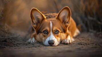 Adorable Welsh Corgi Resting Outdoors In Golden Light photo