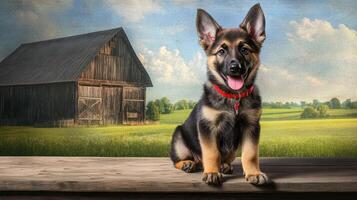 German Shepherd Puppy Posing by Rustic Barn photo