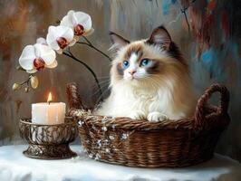 Ragdoll Kitten In Basket With Orchids And Candle photo
