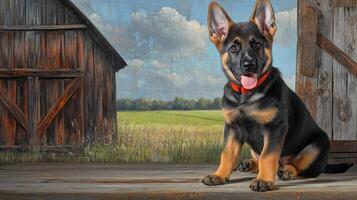 German Shepherd Puppy Posing Rustic Barn Setting photo